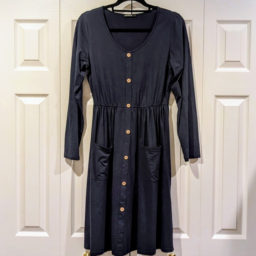 OUGES Navy Long Sleeve V Neck Button Down Skater Dress with Pockets, Size L - Picture 2 of 5